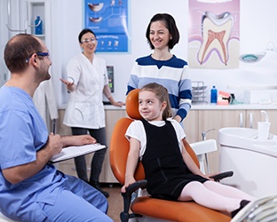 Mother and child talking to dentist